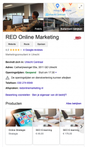 Google Mijn Bedrijf vermelding van RED Online Marketing.