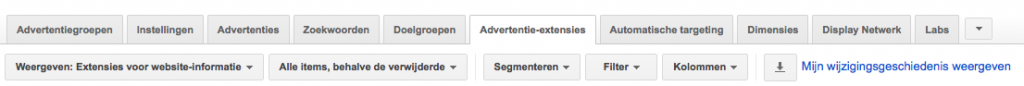 plaats in de adwords interface van advertentie extensies