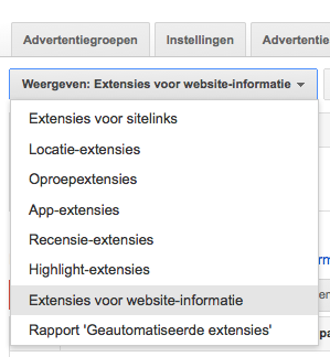 plaats in de adwords interface van structured snippets