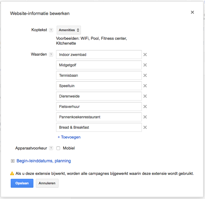plaats in de adwords interface van website-informatie extensie