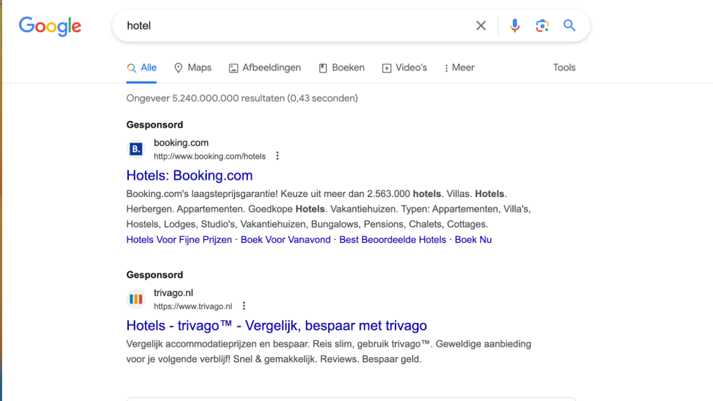 Voorbeeld Google Ads hotel