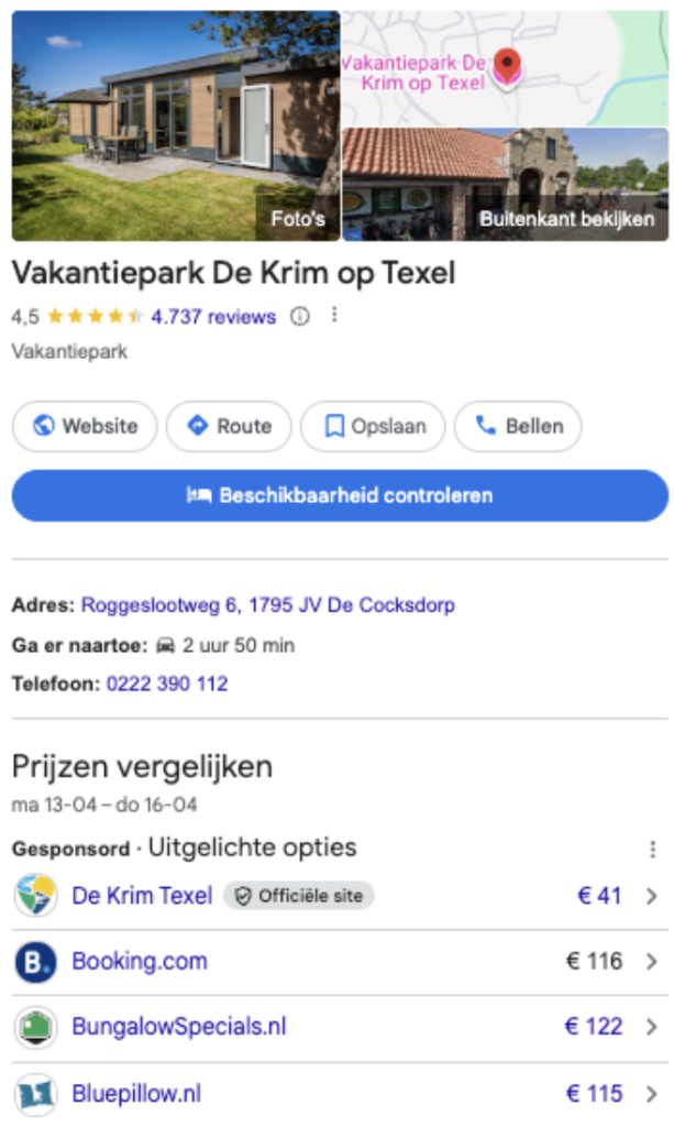 Performance Max: Google Maps-resultaten voor Vakantiepark De Krim op Texel, met prijsvergelijking inclusief direct boekingsoptie via 'Officiële site'.