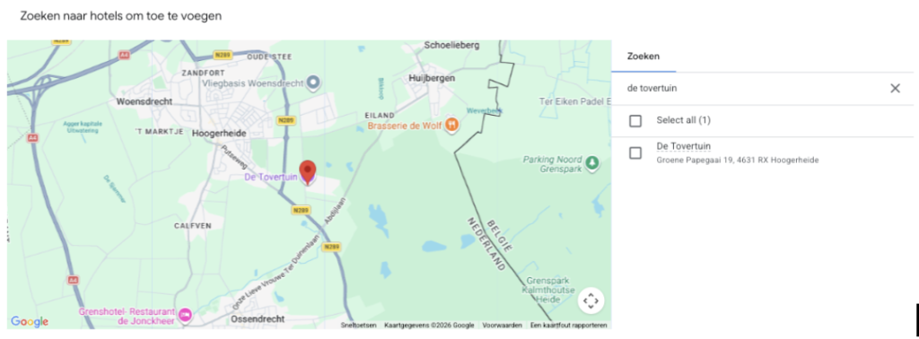 Performance Max: Hotel picker in Google Ads met De Tovertuin in Hoogerheide, ter illustratie van de Maps pin-koppeling die Red voor een klant verzorgt.